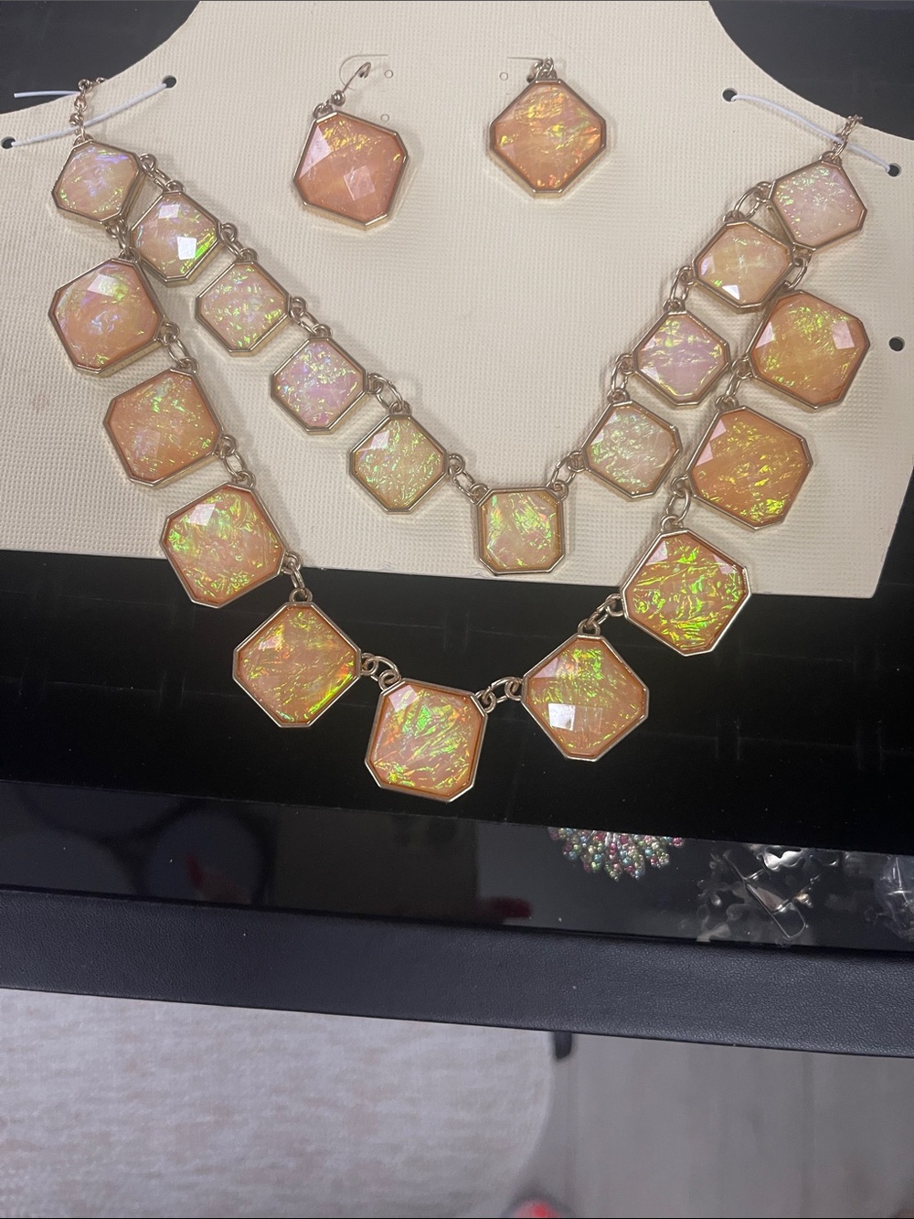 Badgley Mishka Pink Iridescent Hexagon Necklace and Earring Set - Women Jewelry